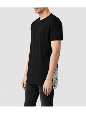 Allsaints Shervan Black Men's Crewneck T-Shirt Floral Hem Short Sleeves Size M